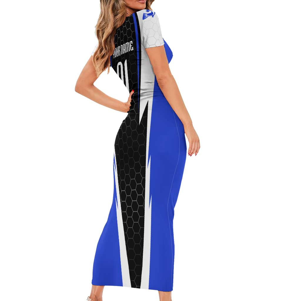Custom Walleye Fishing Short Sleeve Bodycon Dress with Jumping Fish Splash and Blue Black Hexagon Pattern - Wonder Print Shop