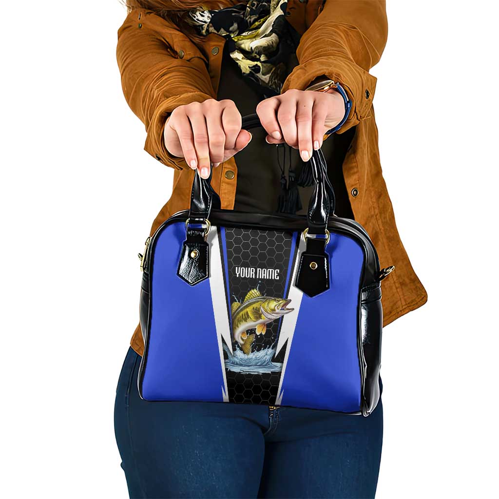Custom Walleye Fishing Shoulder Handbag with Jumping Fish Splash and Blue Black Hexagon Pattern - Wonder Print Shop