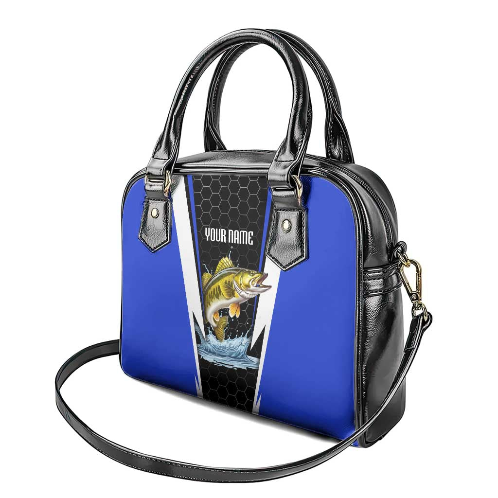 Custom Walleye Fishing Shoulder Handbag with Jumping Fish Splash and Blue Black Hexagon Pattern - Wonder Print Shop