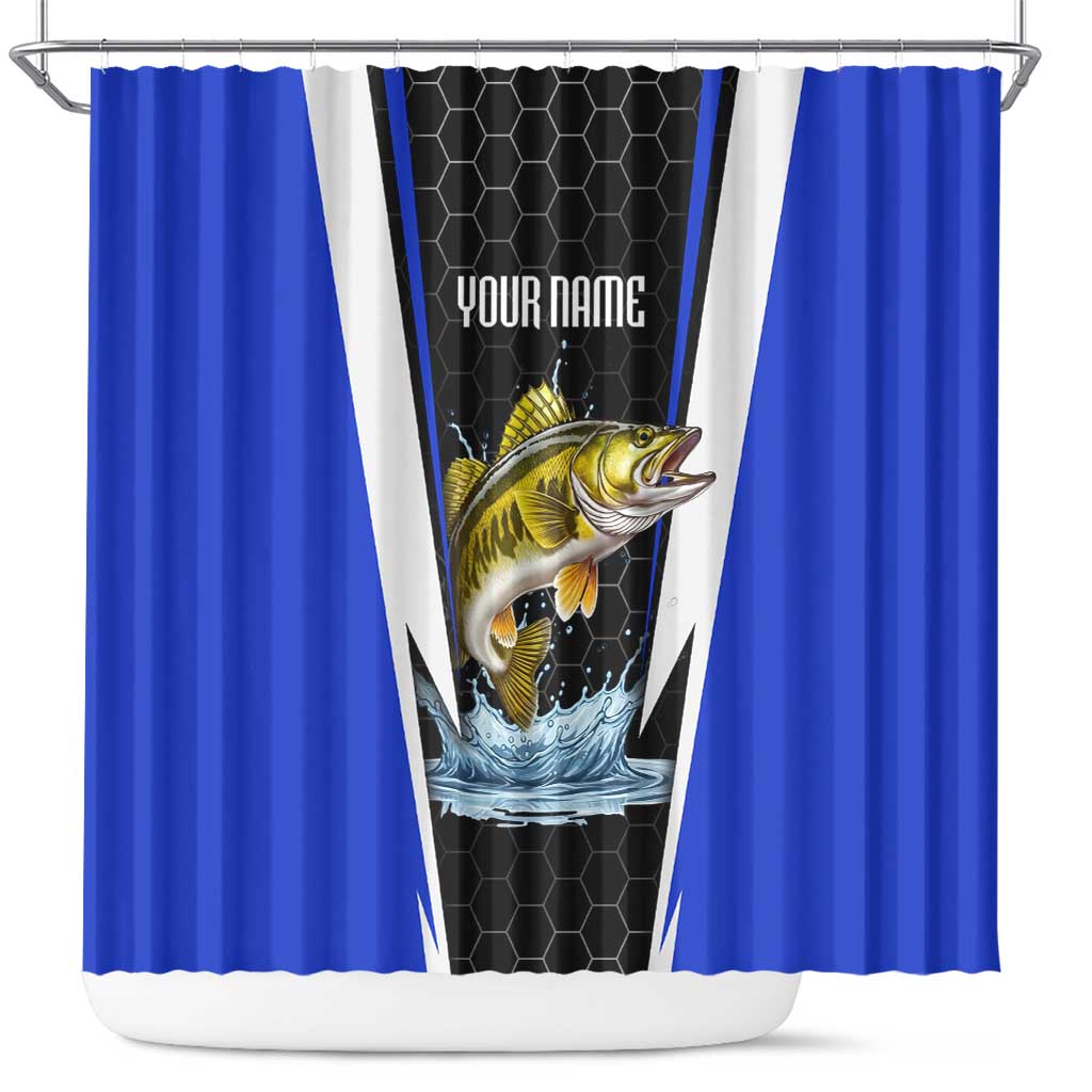 Custom Walleye Fishing Shower Curtain with Jumping Fish Splash and Blue Black Hexagon Pattern - Wonder Print Shop