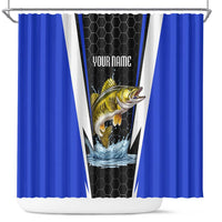 Custom Walleye Fishing Shower Curtain with Jumping Fish Splash and Blue Black Hexagon Pattern - Wonder Print Shop