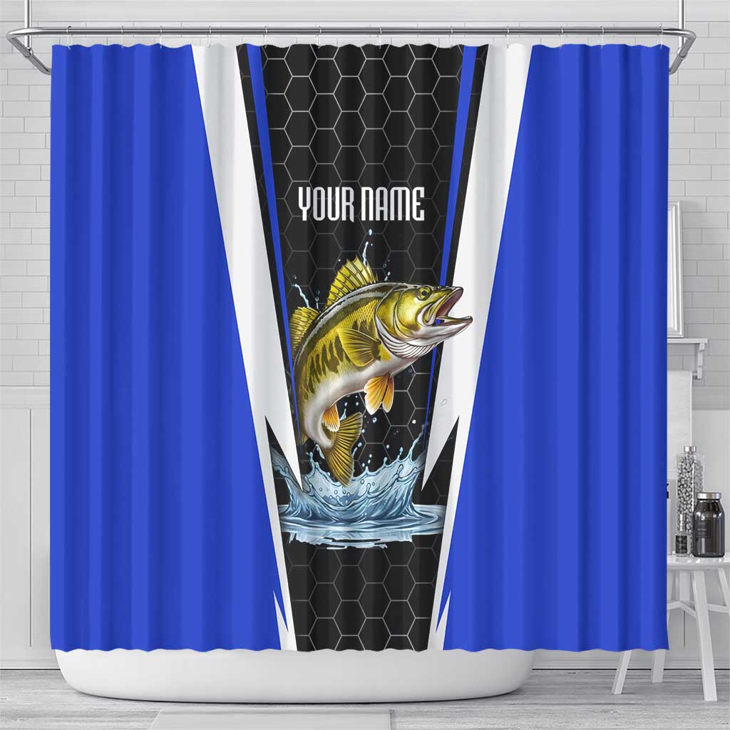 Custom Walleye Fishing Shower Curtain with Jumping Fish Splash and Blue Black Hexagon Pattern - Wonder Print Shop