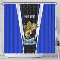 Custom Walleye Fishing Shower Curtain with Jumping Fish Splash and Blue Black Hexagon Pattern - Wonder Print Shop