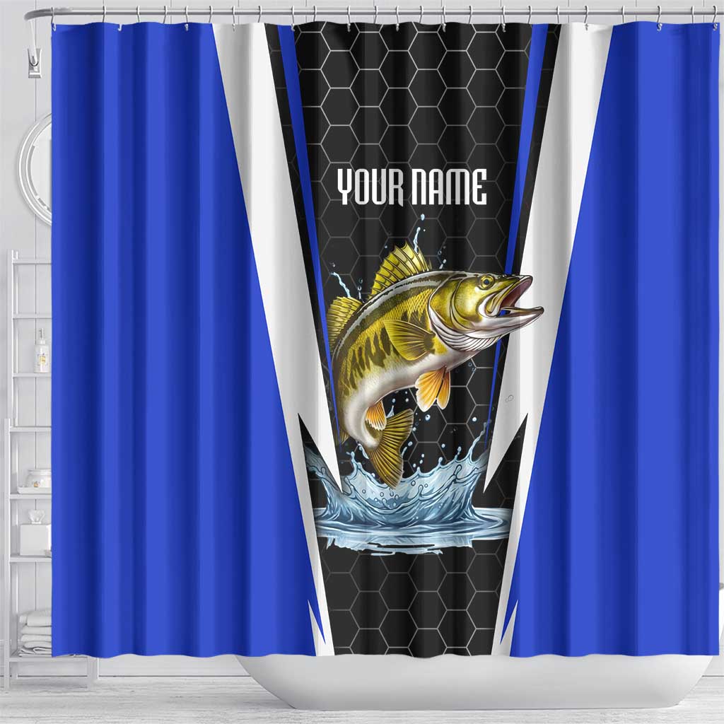 Custom Walleye Fishing Shower Curtain with Jumping Fish Splash and Blue Black Hexagon Pattern - Wonder Print Shop
