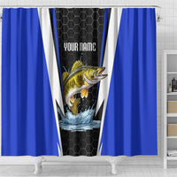Custom Walleye Fishing Shower Curtain with Jumping Fish Splash and Blue Black Hexagon Pattern - Wonder Print Shop