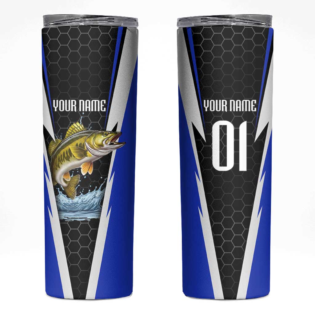 Custom Walleye Fishing Skinny Tumbler with Jumping Fish Splash and Blue Black Hexagon Pattern - Wonder Print Shop