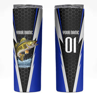 Custom Walleye Fishing Skinny Tumbler with Jumping Fish Splash and Blue Black Hexagon Pattern - Wonder Print Shop