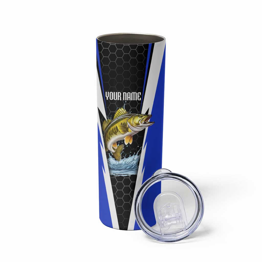 Custom Walleye Fishing Skinny Tumbler with Jumping Fish Splash and Blue Black Hexagon Pattern - Wonder Print Shop