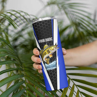 Custom Walleye Fishing Skinny Tumbler with Jumping Fish Splash and Blue Black Hexagon Pattern - Wonder Print Shop