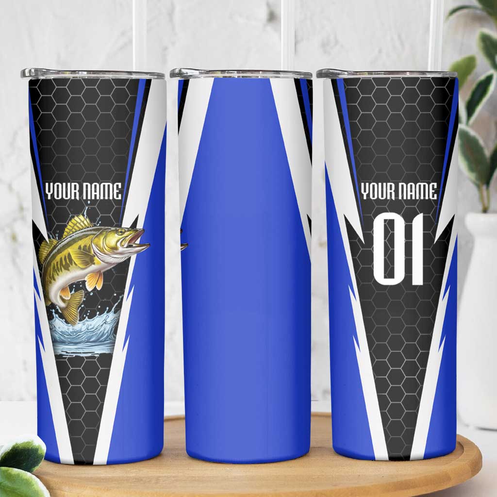 Custom Walleye Fishing Skinny Tumbler with Jumping Fish Splash and Blue Black Hexagon Pattern - Wonder Print Shop