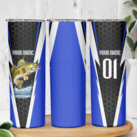 Custom Walleye Fishing Skinny Tumbler with Jumping Fish Splash and Blue Black Hexagon Pattern - Wonder Print Shop