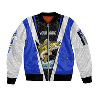 Custom Walleye Fishing Sleeve Zip Bomber Jacket with Jumping Fish Splash and Blue Black Hexagon Pattern - Wonder Print Shop