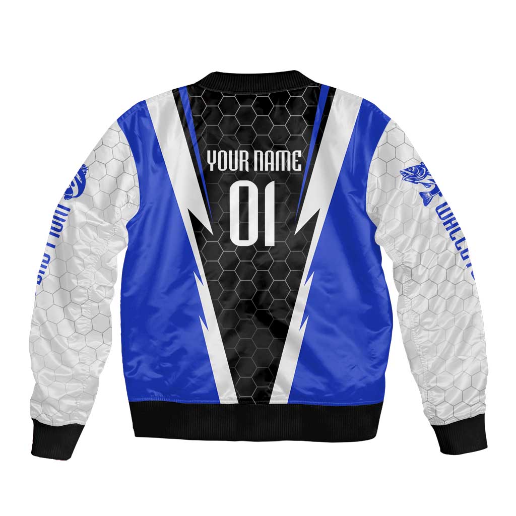Custom Walleye Fishing Sleeve Zip Bomber Jacket with Jumping Fish Splash and Blue Black Hexagon Pattern - Wonder Print Shop