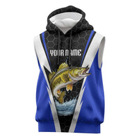Custom Walleye Fishing Sleeveless Hoodie with Jumping Fish Splash and Blue Black Hexagon Pattern - Wonder Print Shop