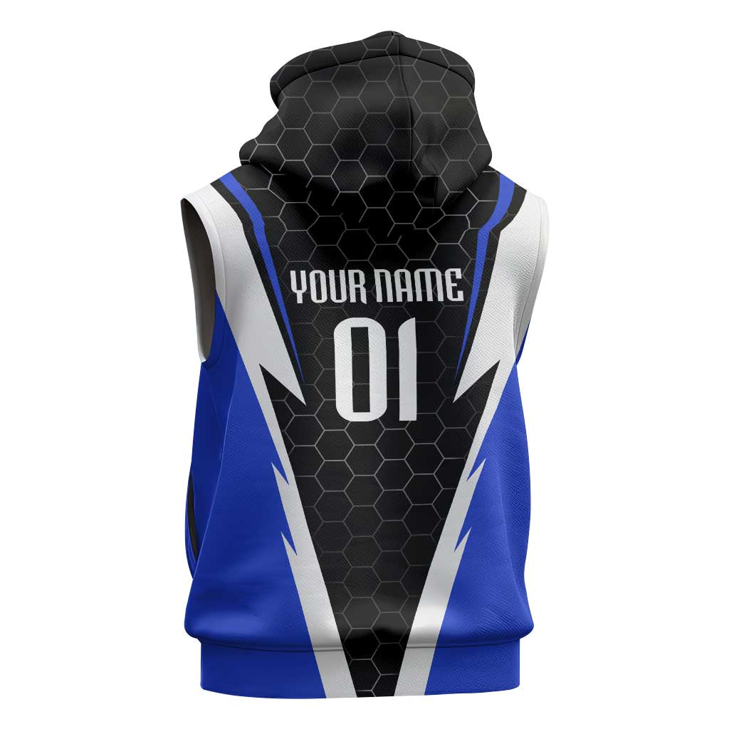 Custom Walleye Fishing Sleeveless Hoodie with Jumping Fish Splash and Blue Black Hexagon Pattern - Wonder Print Shop