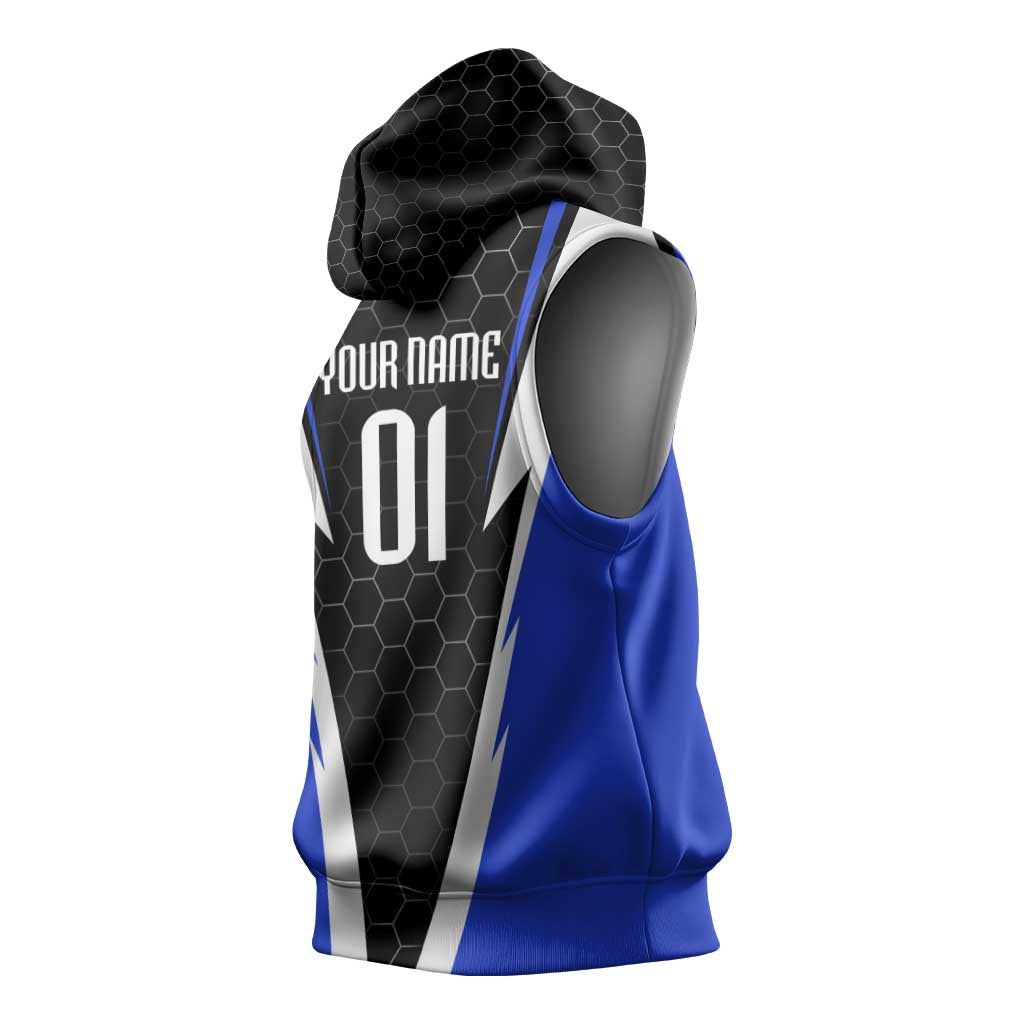 Custom Walleye Fishing Sleeveless Hoodie with Jumping Fish Splash and Blue Black Hexagon Pattern - Wonder Print Shop