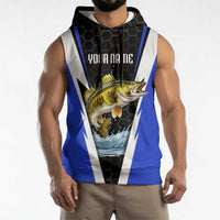 Custom Walleye Fishing Sleeveless Hoodie with Jumping Fish Splash and Blue Black Hexagon Pattern - Wonder Print Shop