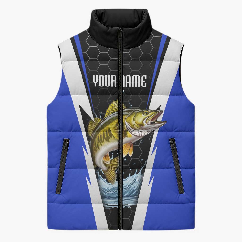 Custom Walleye Fishing Sleeveless Puffer Jacket with Jumping Fish Splash and Blue Black Hexagon Pattern - Wonder Print Shop