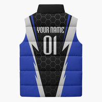 Custom Walleye Fishing Sleeveless Puffer Jacket with Jumping Fish Splash and Blue Black Hexagon Pattern - Wonder Print Shop