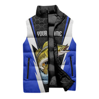 Custom Walleye Fishing Sleeveless Puffer Jacket with Jumping Fish Splash and Blue Black Hexagon Pattern - Wonder Print Shop
