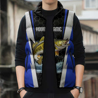 Custom Walleye Fishing Sleeveless Puffer Jacket with Jumping Fish Splash and Blue Black Hexagon Pattern - Wonder Print Shop