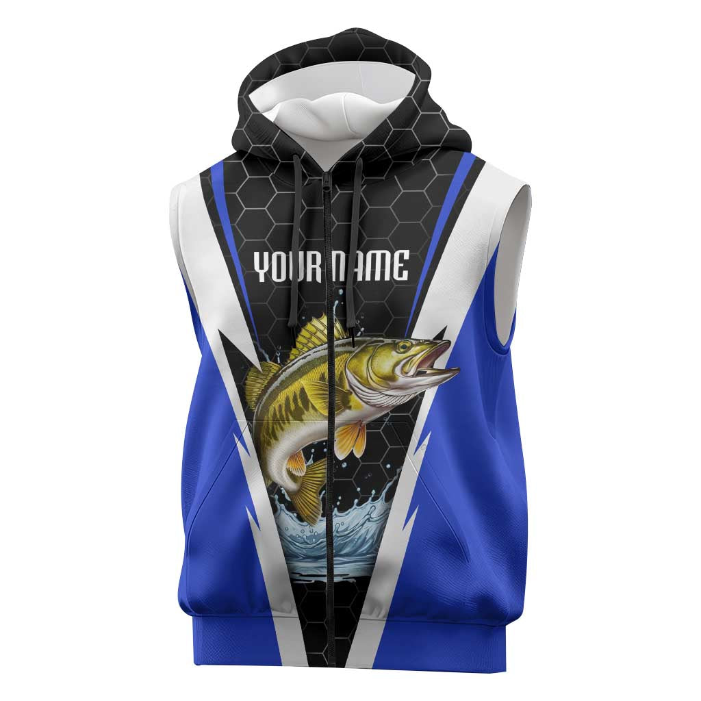 Custom Walleye Fishing Sleeveless Zip Hoodie with Jumping Fish Splash and Blue Black Hexagon Pattern - Wonder Print Shop