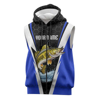 Custom Walleye Fishing Sleeveless Zip Hoodie with Jumping Fish Splash and Blue Black Hexagon Pattern - Wonder Print Shop