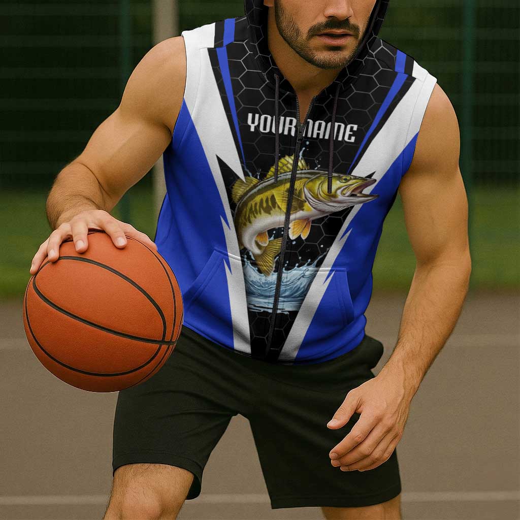 Custom Walleye Fishing Sleeveless Zip Hoodie with Jumping Fish Splash and Blue Black Hexagon Pattern - Wonder Print Shop