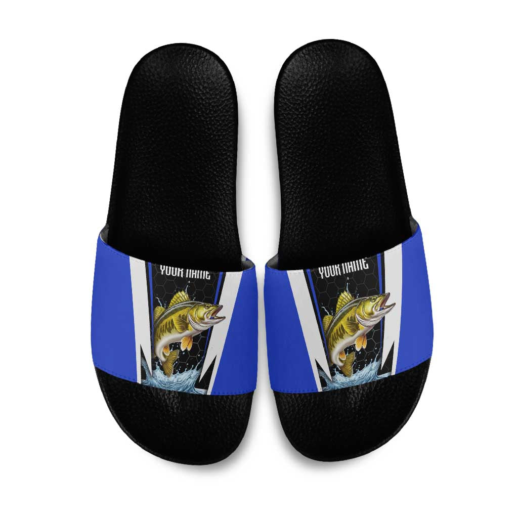 Custom Walleye Fishing Slide Sandals with Jumping Fish Splash and Blue Black Hexagon Pattern - Wonder Print Shop