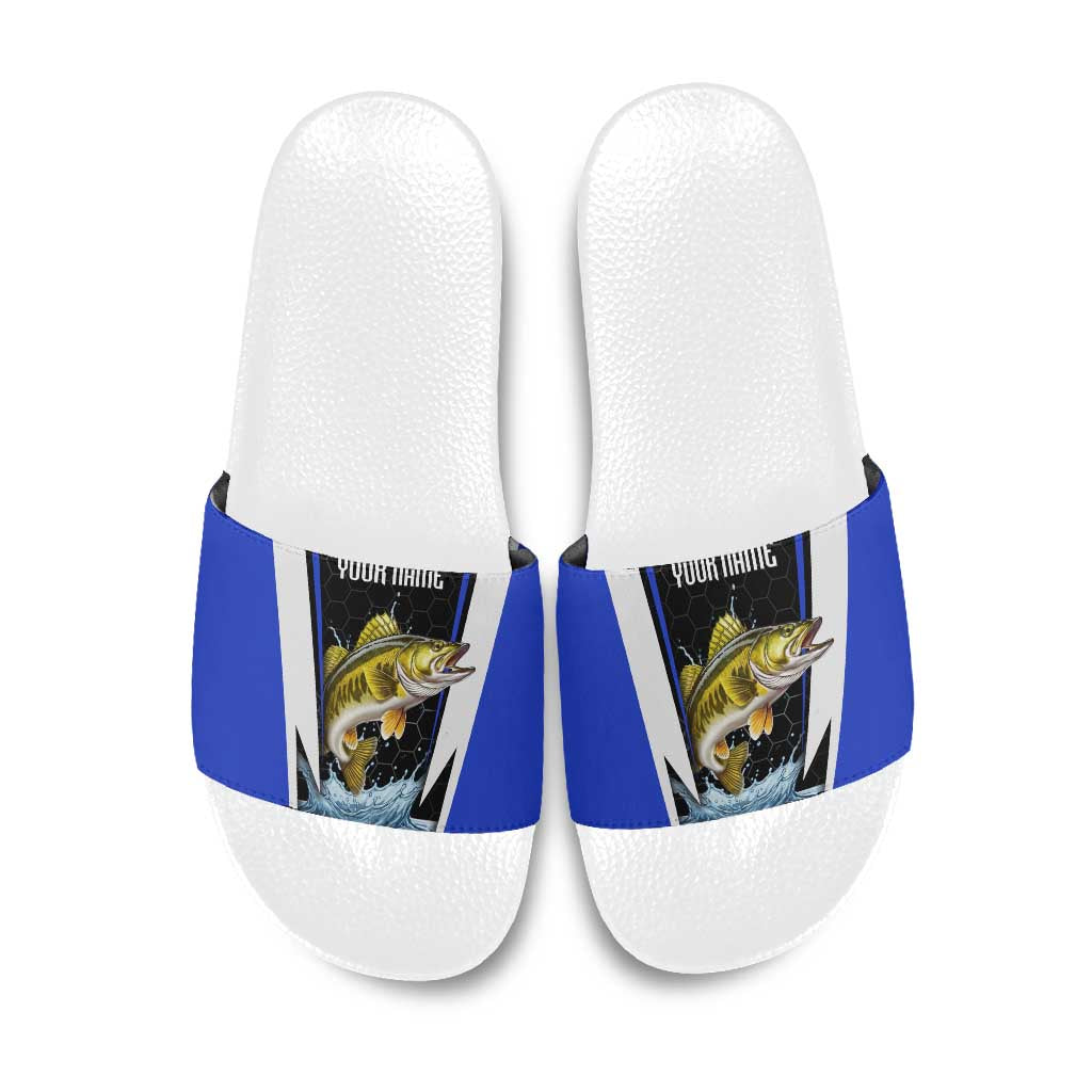 Custom Walleye Fishing Slide Sandals with Jumping Fish Splash and Blue Black Hexagon Pattern - Wonder Print Shop