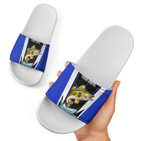 Custom Walleye Fishing Slide Sandals with Jumping Fish Splash and Blue Black Hexagon Pattern - Wonder Print Shop