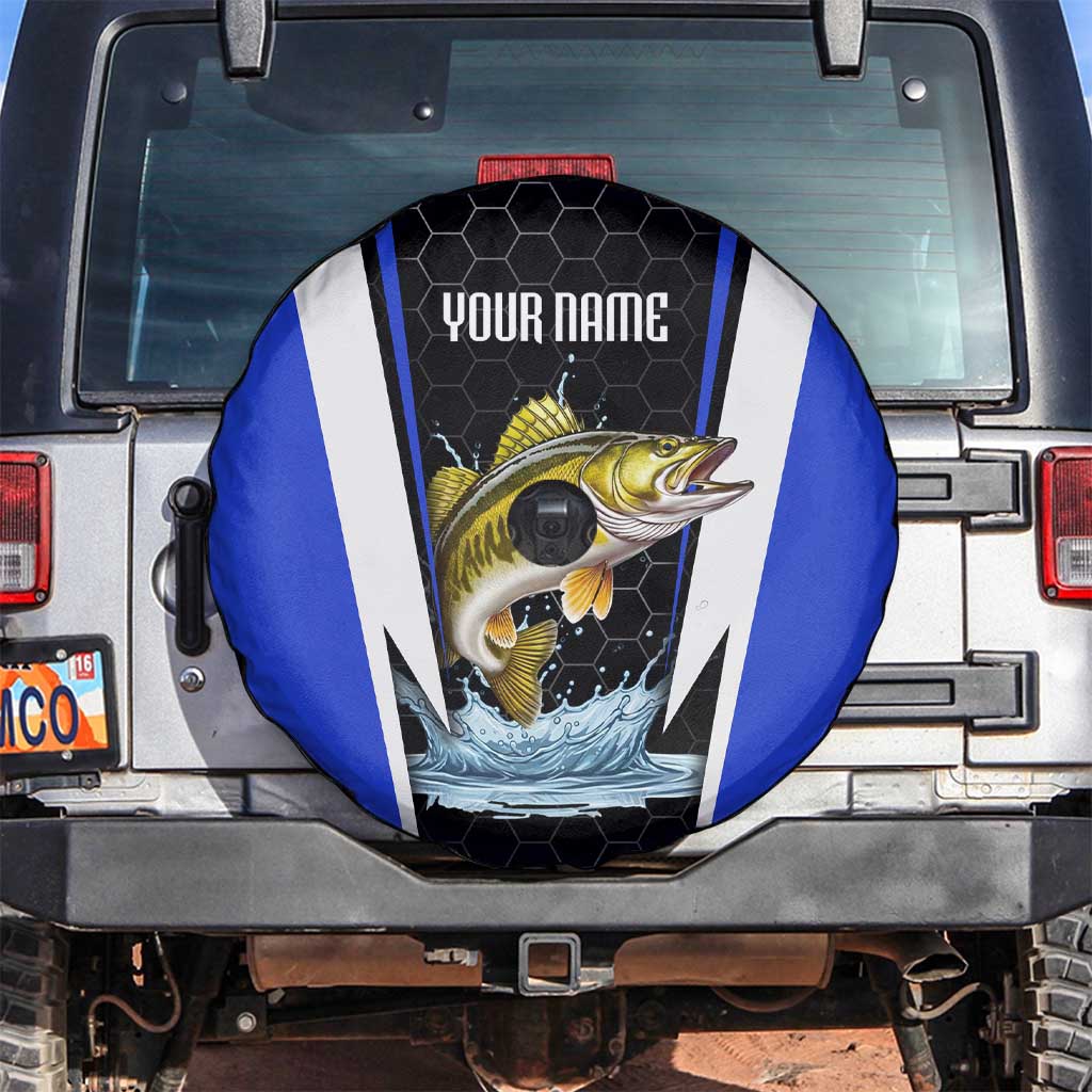 Custom Walleye Fishing Spare Tire Cover with Jumping Fish Splash and Blue Black Hexagon Pattern - Wonder Print Shop