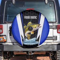 Custom Walleye Fishing Spare Tire Cover with Jumping Fish Splash and Blue Black Hexagon Pattern - Wonder Print Shop