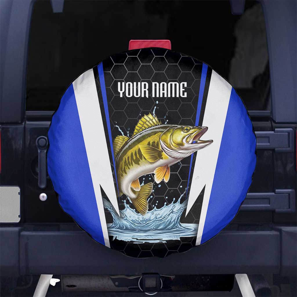 Custom Walleye Fishing Spare Tire Cover with Jumping Fish Splash and Blue Black Hexagon Pattern - Wonder Print Shop