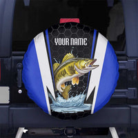 Custom Walleye Fishing Spare Tire Cover with Jumping Fish Splash and Blue Black Hexagon Pattern - Wonder Print Shop