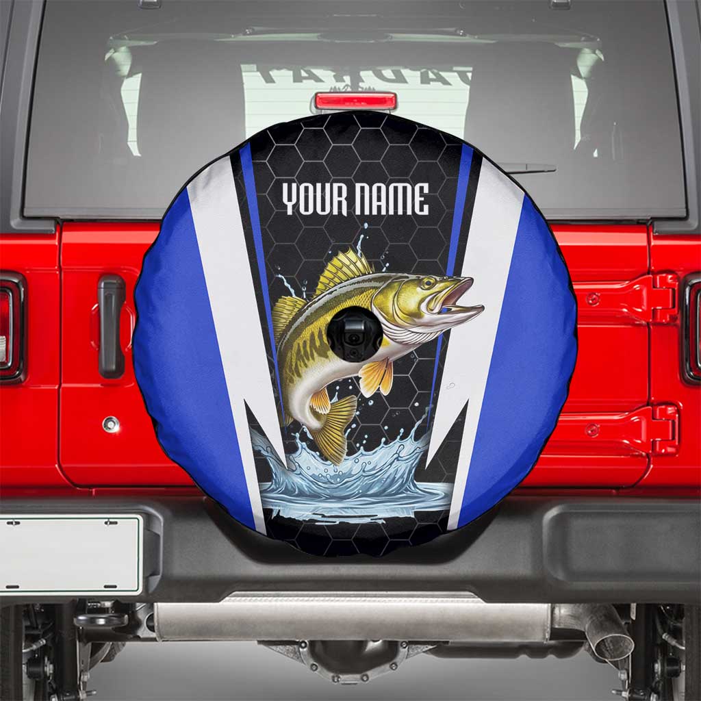 Custom Walleye Fishing Spare Tire Cover with Jumping Fish Splash and Blue Black Hexagon Pattern - Wonder Print Shop