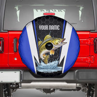 Custom Walleye Fishing Spare Tire Cover with Jumping Fish Splash and Blue Black Hexagon Pattern - Wonder Print Shop