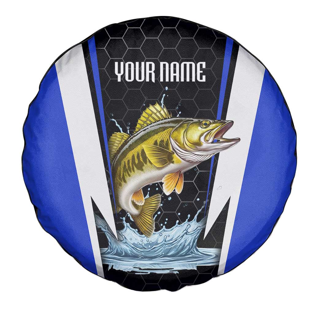 Custom Walleye Fishing Spare Tire Cover with Jumping Fish Splash and Blue Black Hexagon Pattern - Wonder Print Shop