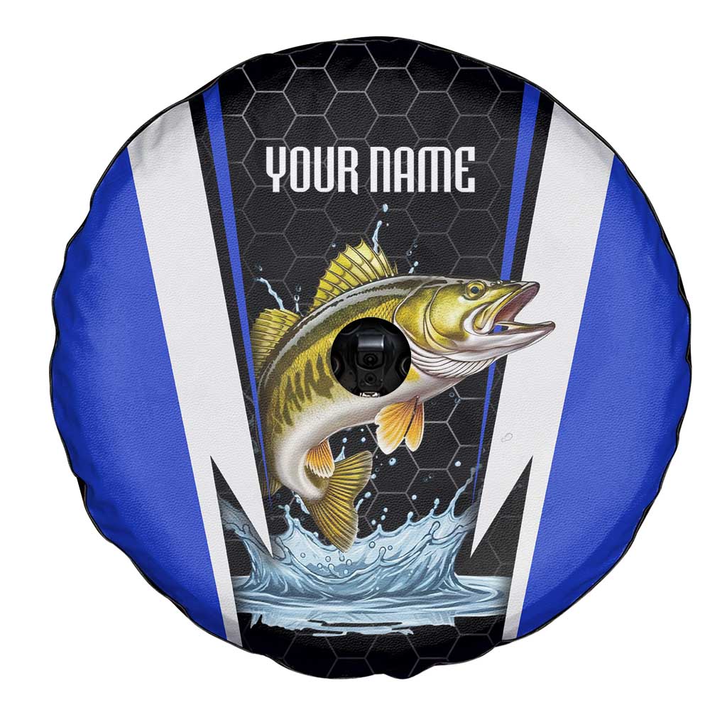 Custom Walleye Fishing Spare Tire Cover with Jumping Fish Splash and Blue Black Hexagon Pattern - Wonder Print Shop