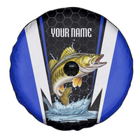 Custom Walleye Fishing Spare Tire Cover with Jumping Fish Splash and Blue Black Hexagon Pattern - Wonder Print Shop