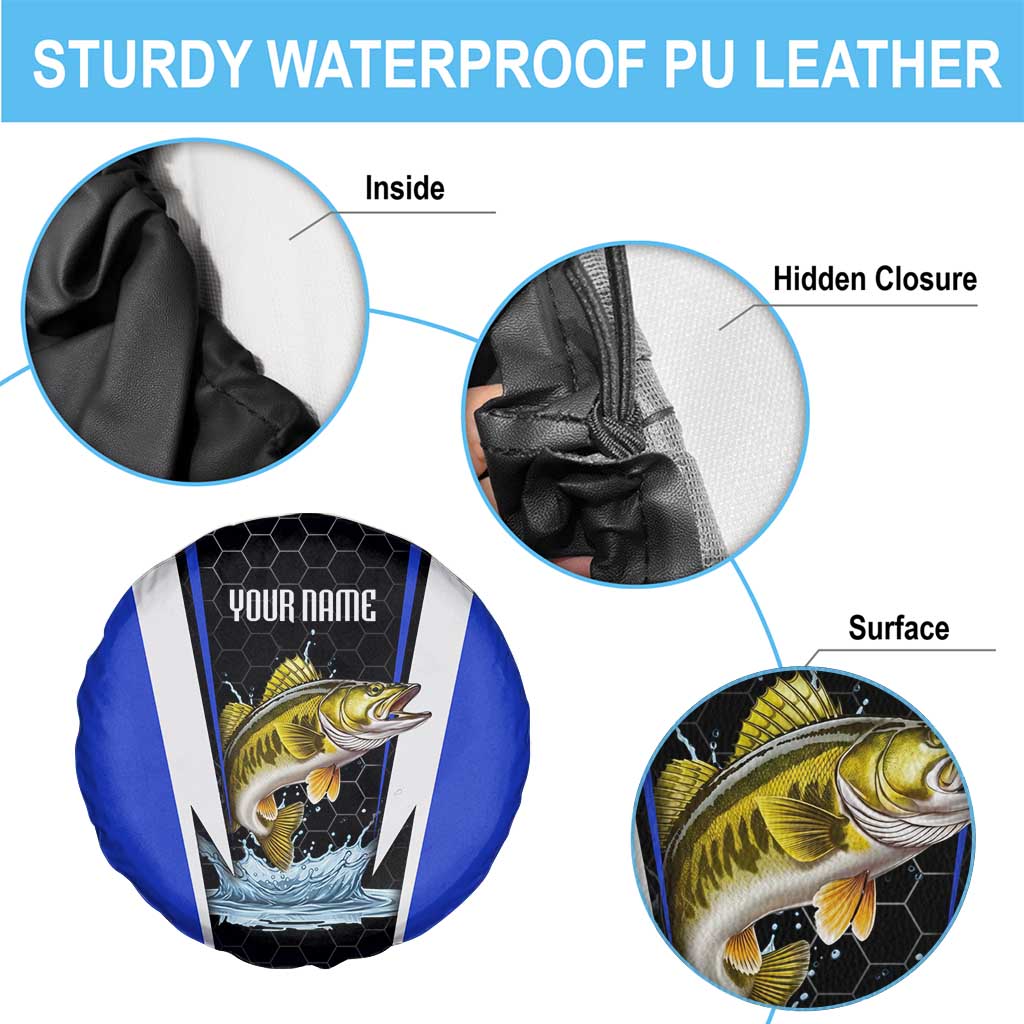 Custom Walleye Fishing Spare Tire Cover with Jumping Fish Splash and Blue Black Hexagon Pattern - Wonder Print Shop