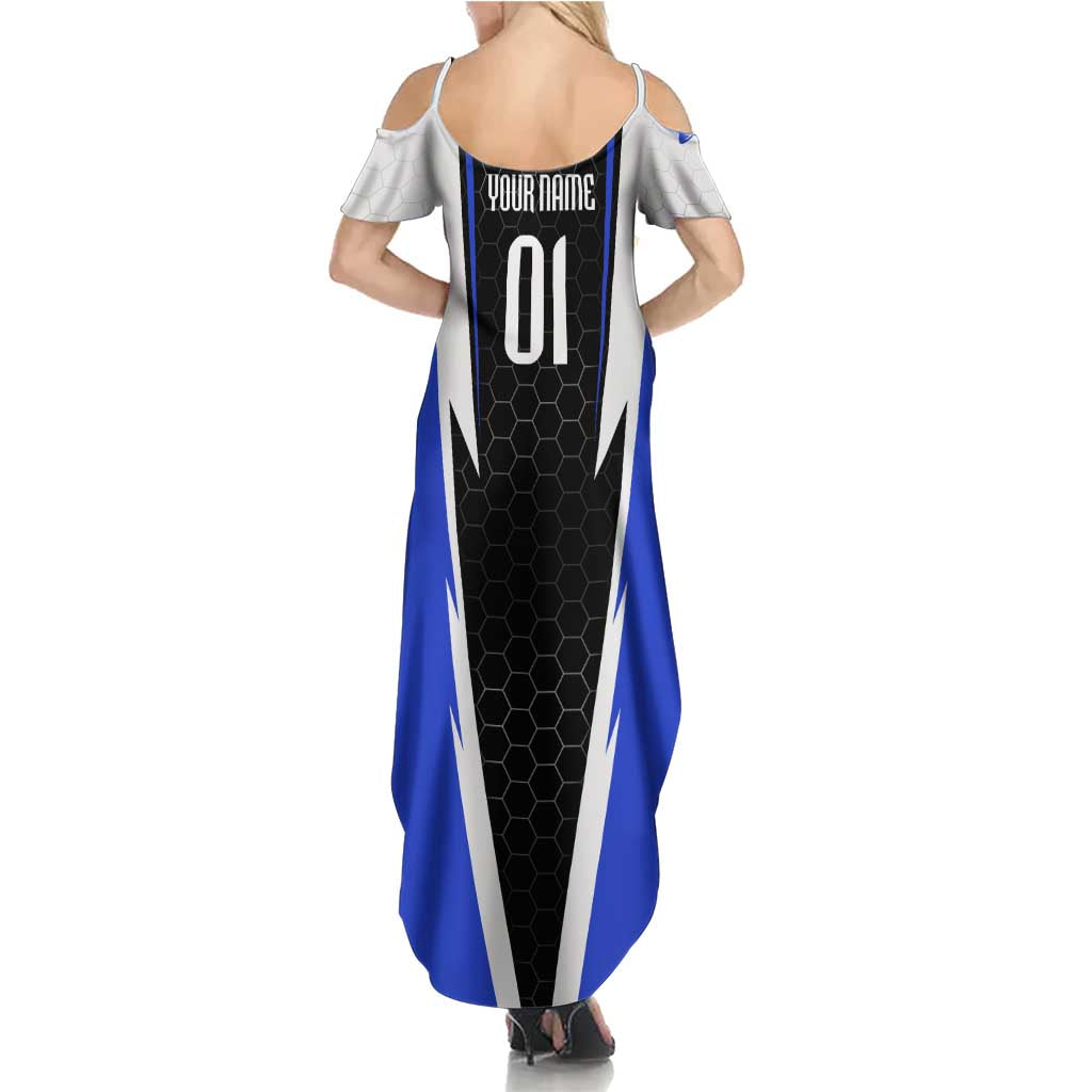 Custom Walleye Fishing Summer Maxi Dress with Jumping Fish Splash and Blue Black Hexagon Pattern - Wonder Print Shop