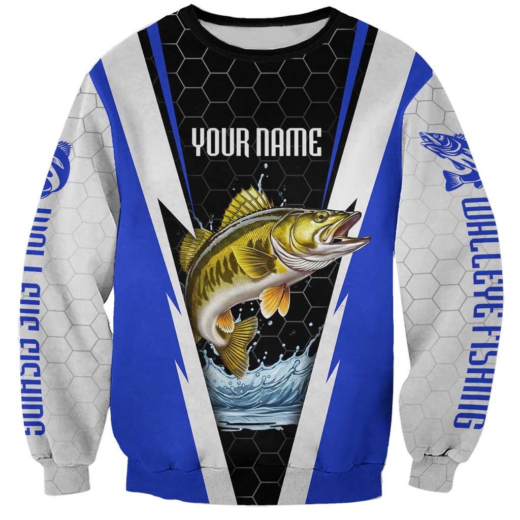 Custom Walleye Fishing Sweatshirt with Jumping Fish Splash and Blue Black Hexagon Pattern - Wonder Print Shop