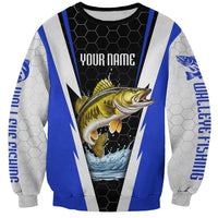 Custom Walleye Fishing Sweatshirt with Jumping Fish Splash and Blue Black Hexagon Pattern - Wonder Print Shop