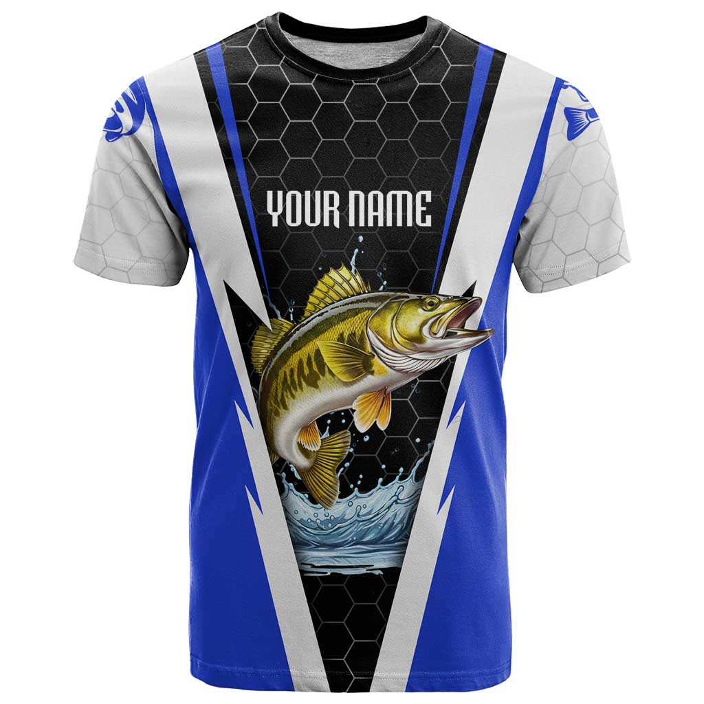 Custom Walleye Fishing T Shirt with Jumping Fish Splash and Blue Black Hexagon Pattern - Wonder Print Shop