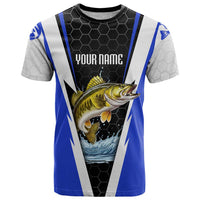 Custom Walleye Fishing T Shirt with Jumping Fish Splash and Blue Black Hexagon Pattern - Wonder Print Shop
