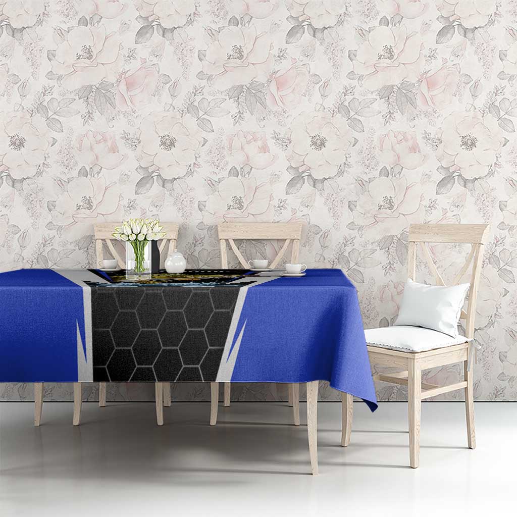 Custom Walleye Fishing Tablecloth with Jumping Fish Splash and Blue Black Hexagon Pattern - Wonder Print Shop