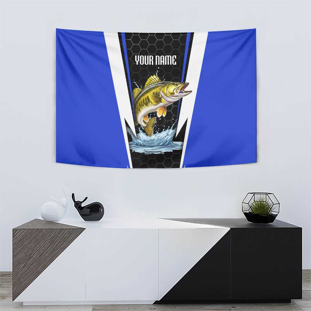 Custom Walleye Fishing Tapestry with Jumping Fish Splash and Blue Black Hexagon Pattern - Wonder Print Shop