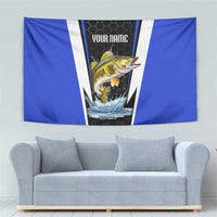 Custom Walleye Fishing Tapestry with Jumping Fish Splash and Blue Black Hexagon Pattern - Wonder Print Shop