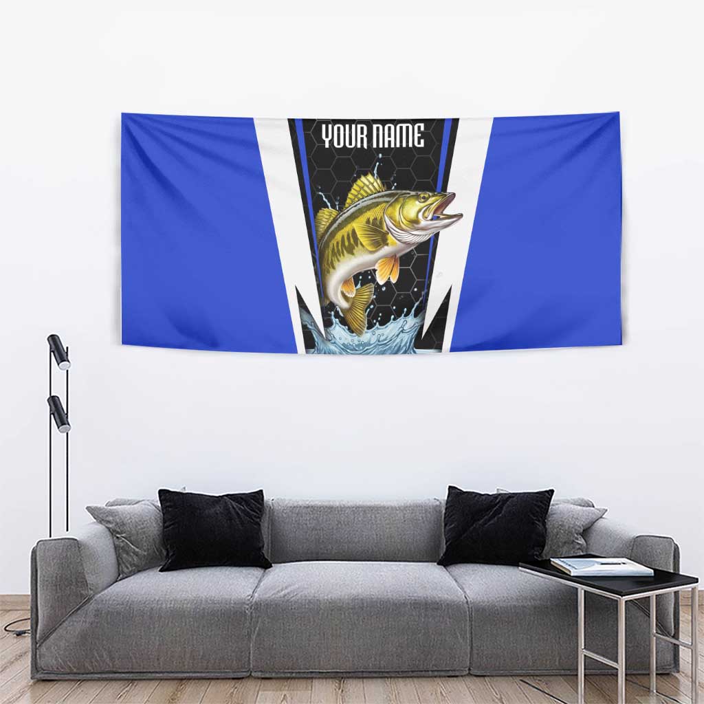 Custom Walleye Fishing Tapestry with Jumping Fish Splash and Blue Black Hexagon Pattern - Wonder Print Shop